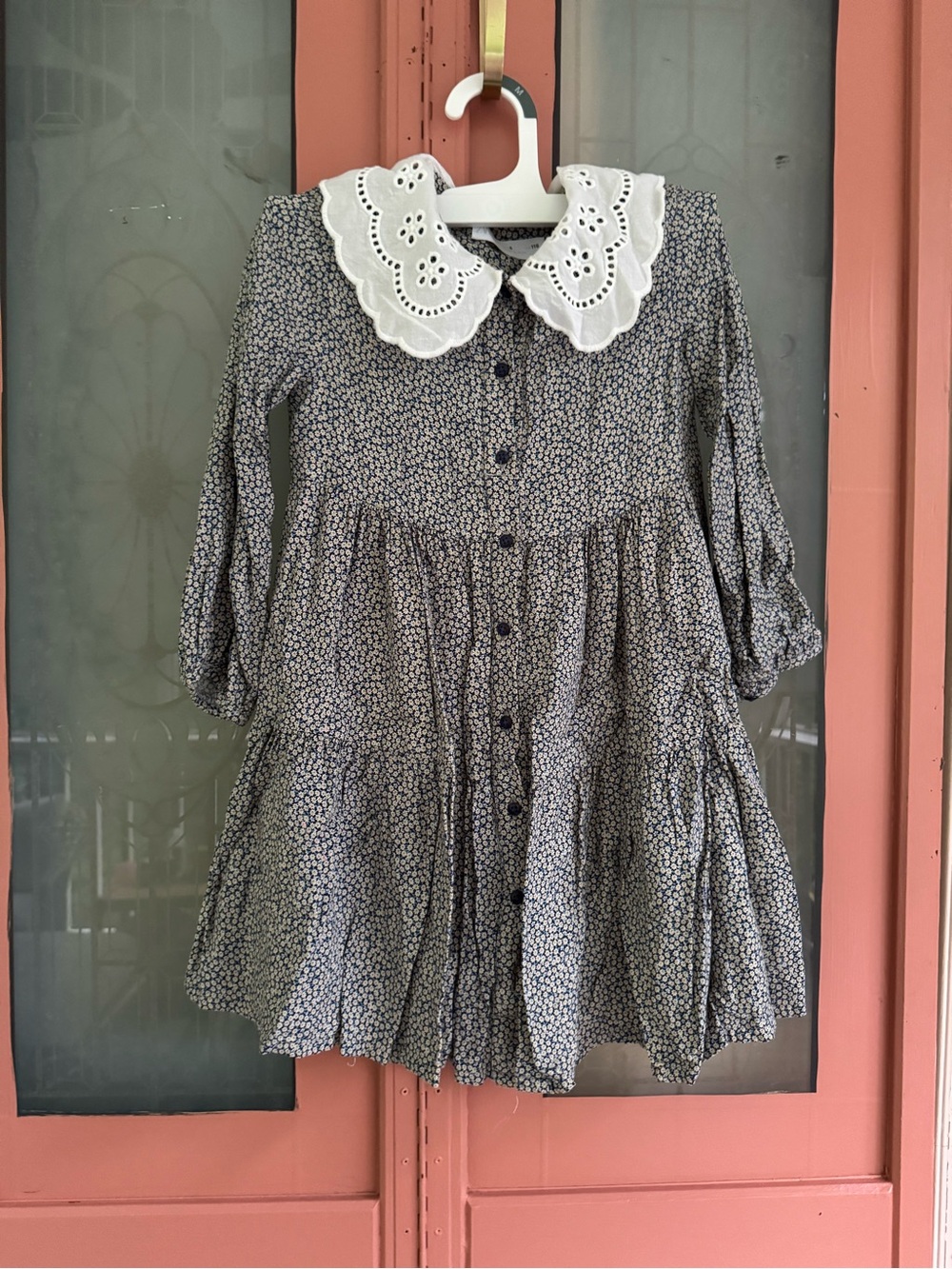 Zara Navy Floral Dress with White Eyelet Collar